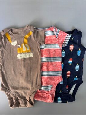 💜3/$15 Baby Bodysuits: Carter’s Excavator, Old Navy Popsicle & Stripes - 6-12M
